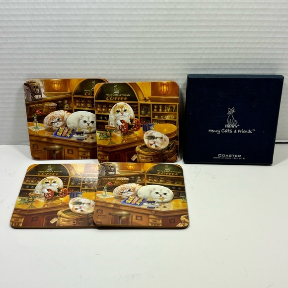 Henry Cats & Friends Cat Coaster Set Of 4 By Artist Henry Lee Coffee Cafe Cats - Picture 8 of 8